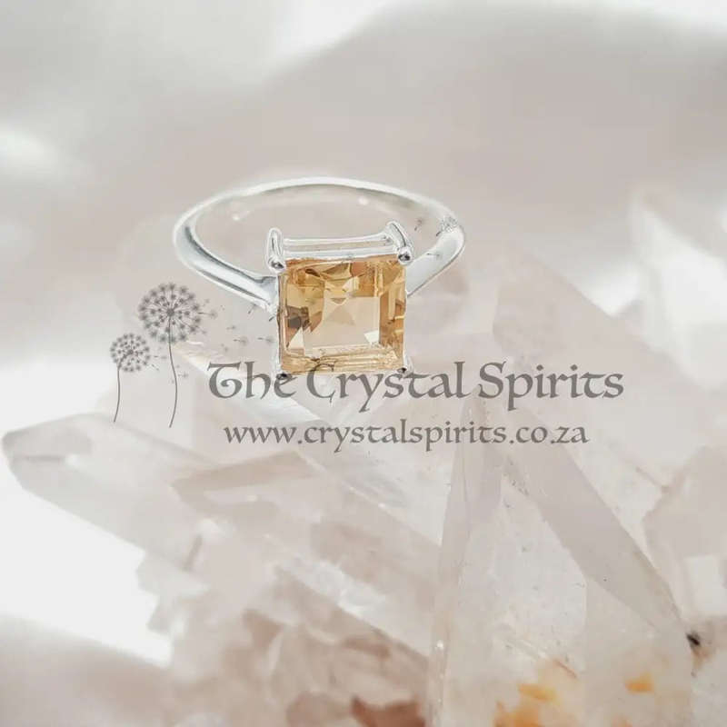 Faceted Citrine Crystal Sterling Silver Square Shaped Ring