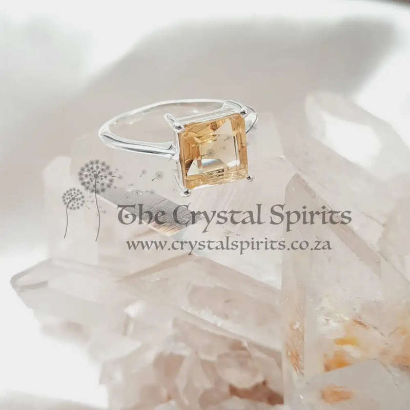 Faceted Citrine Crystal Sterling Silver Square Shaped Ring
