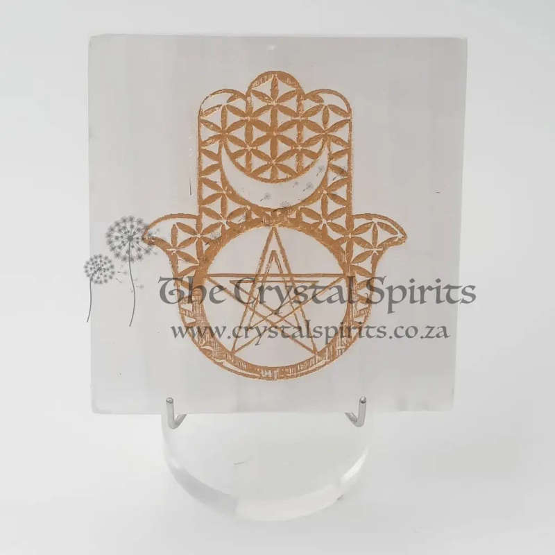 Golden Hand Of Hamsa Selenite Crystal Charging Plate
