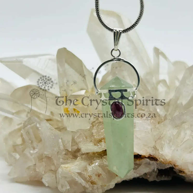 Green Aventurine with Garnet Cabochon DT Crystal Pendant