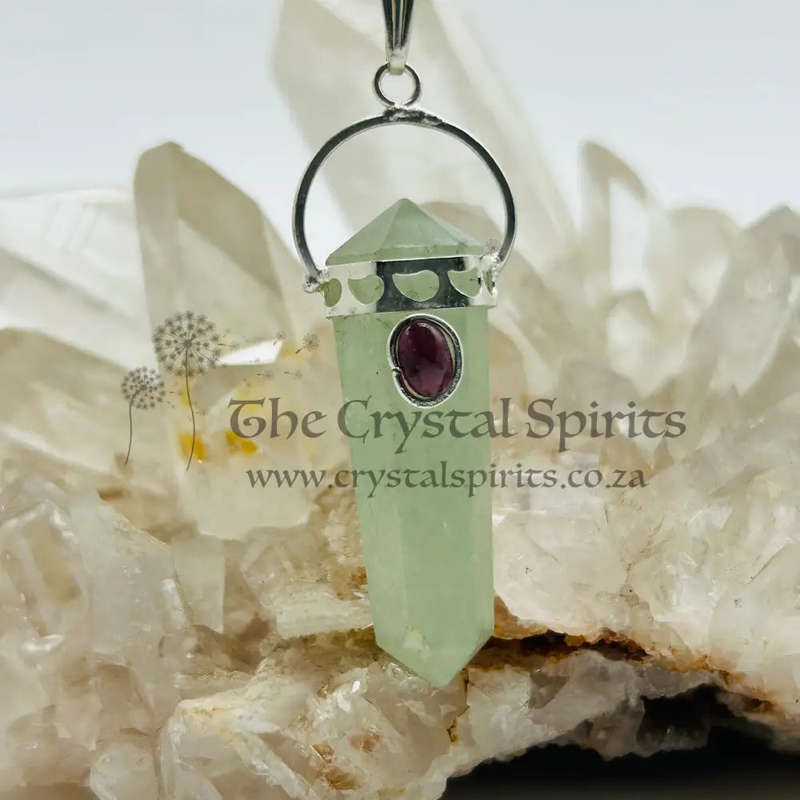 Green Aventurine with Garnet Cabochon DT Crystal Pendant