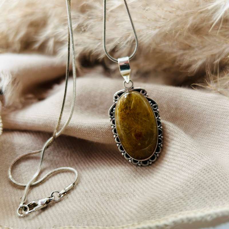 Sterling Silver Golden Rutile Quartz Cabochon Pendant