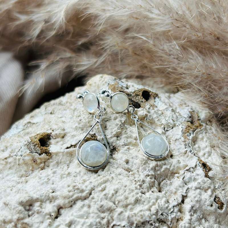 Celestial Elegance: Sterling Silver Duo-Moonstone Cabochon Earrings