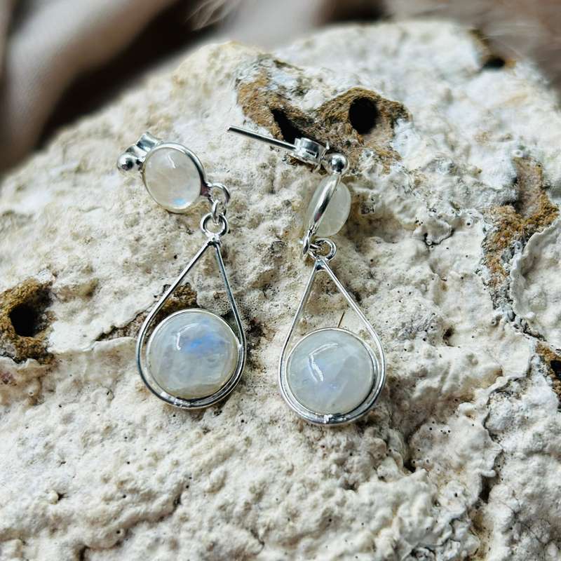 Celestial Elegance: Sterling Silver Duo-Moonstone Cabochon Earrings