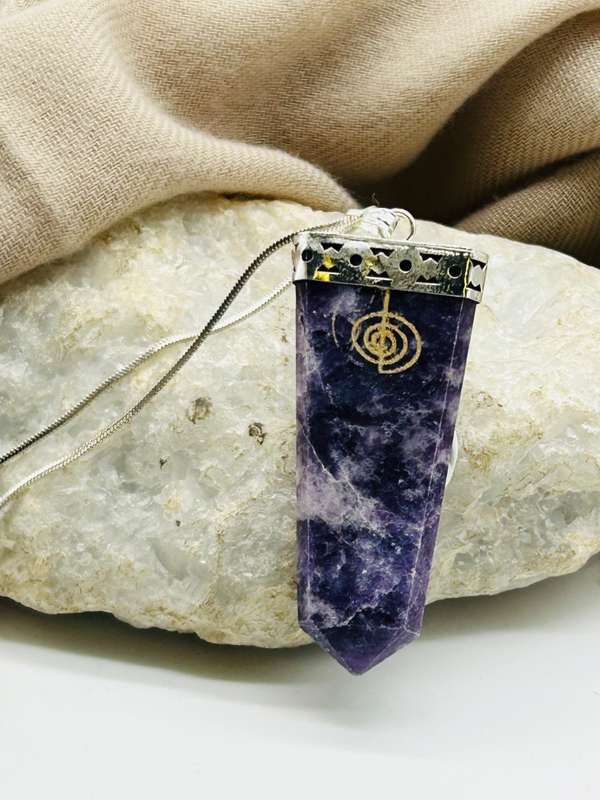 Lepidolite Tabby White Metal Pendant With Reiki Symbol