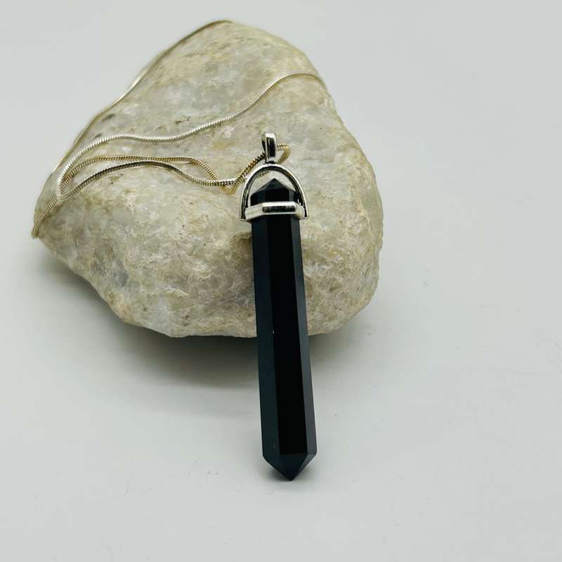 Men's Black Tourmaline White Metal Crystal Pendant