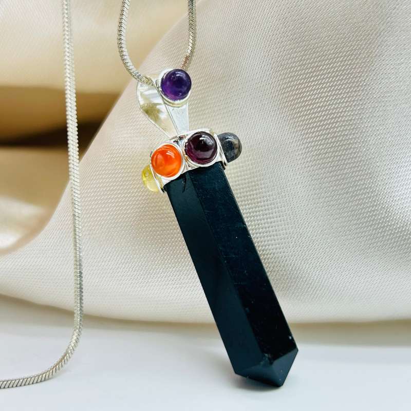 Black Tourmaline Point With Cabochon Gemstones Metal Pendant