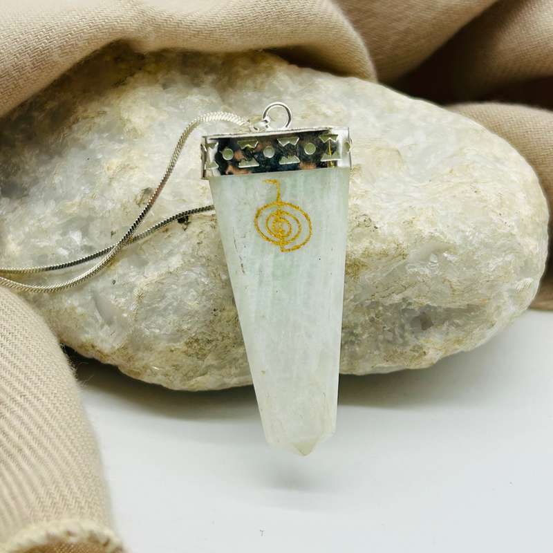 Amazonite Tabby White Metal Pendant With Reiki Symbol
