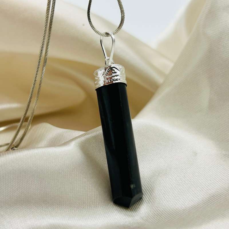 Black Obsidian White Metal Crystal Pendant