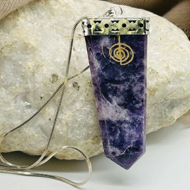 Lepidolite Tabby White Metal Pendant With Reiki Symbol