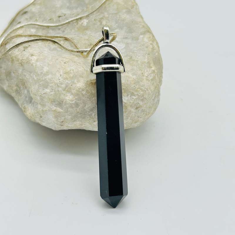 Men's Black Tourmaline White Metal Crystal Pendant