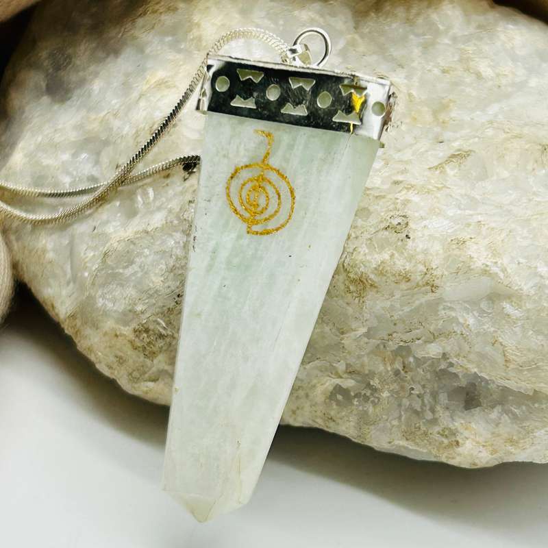 Amazonite Tabby White Metal Pendant With Reiki Symbol