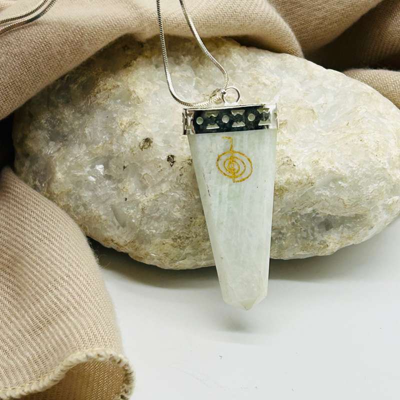 Amazonite Tabby White Metal Pendant With Reiki Symbol