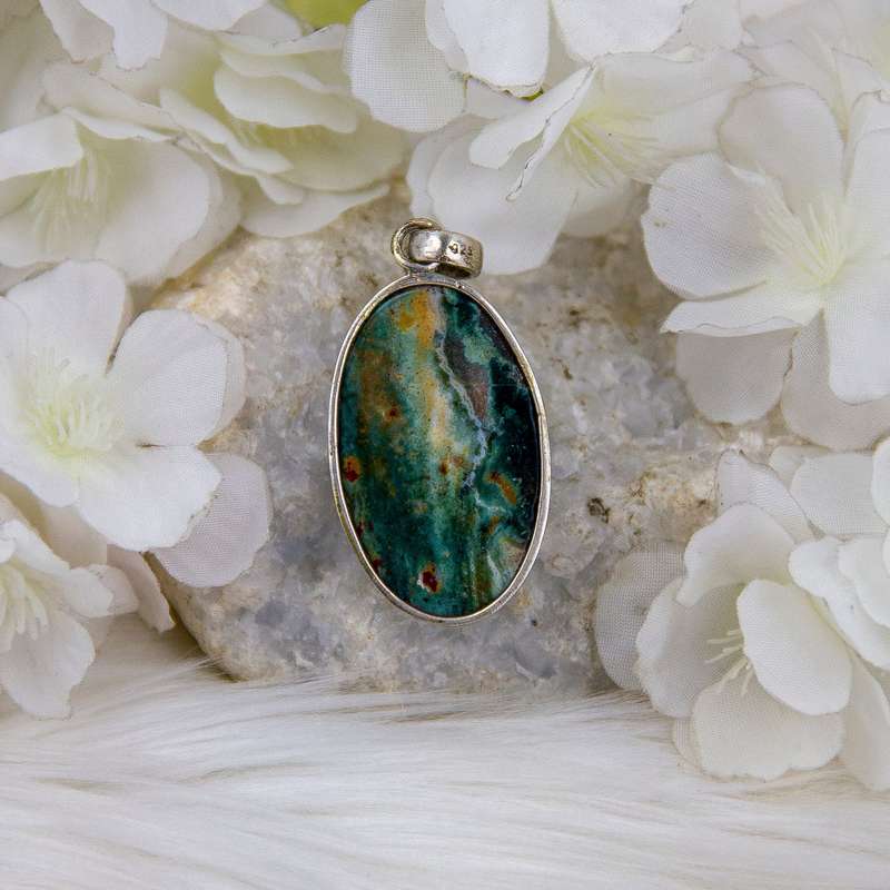 Sterling Silver Bloodstone Crystal Gemstone Pendant with hand-painted Lord Krishna Deity