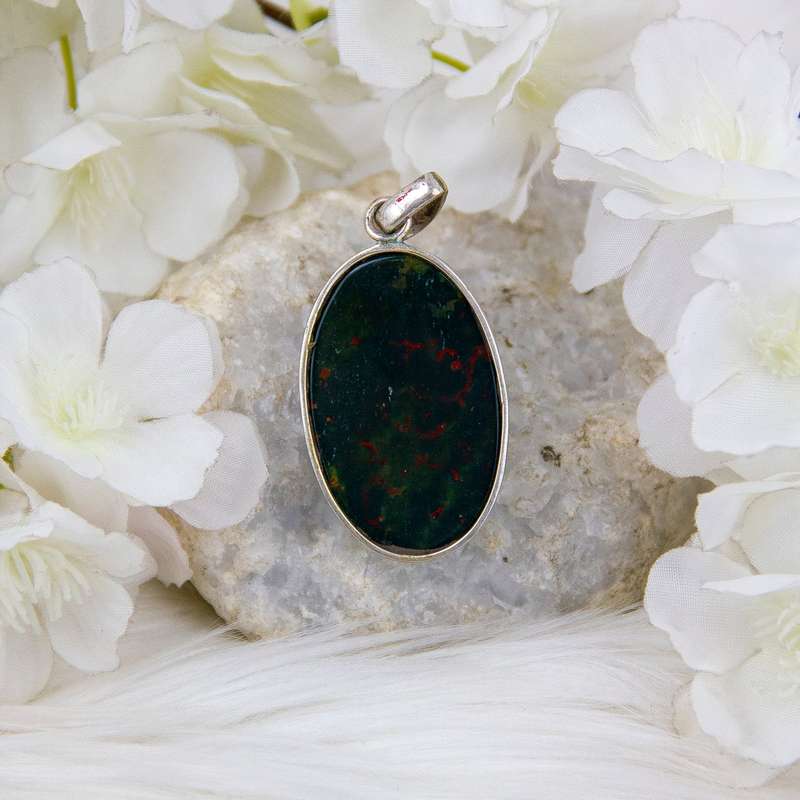 Sterling Silver Bloodstone Crystal Gemstone Pendant with hand-painted Lord Krishna Deity