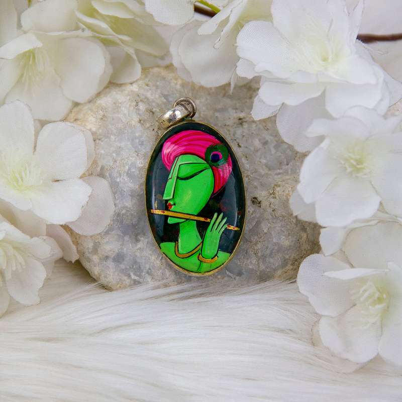 Sterling Silver Bloodstone Crystal Gemstone Pendant with hand-painted Lord Krishna Deity