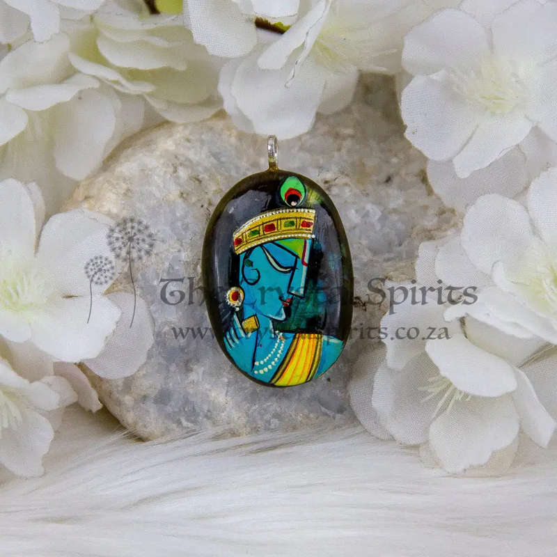 Labradorite Crystal Gemstone Sterling SIlver Pendant with hand-painted Lord Krishna Deity
