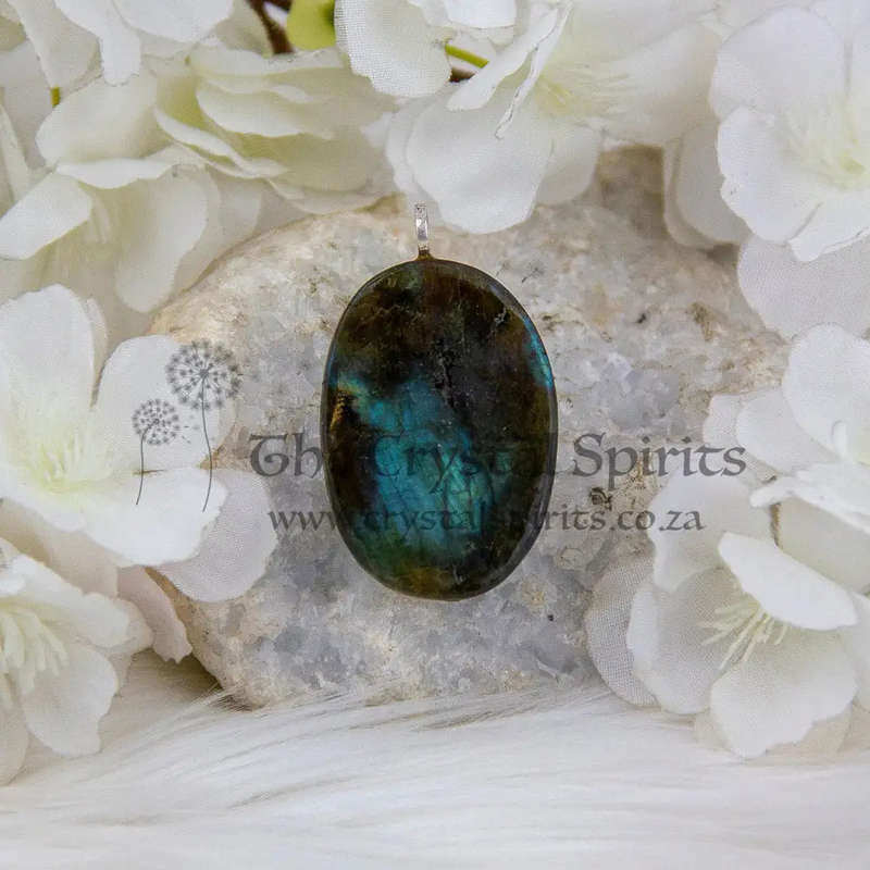 Labradorite Crystal Gemstone Sterling SIlver Pendant with hand-painted Lord Krishna Deity