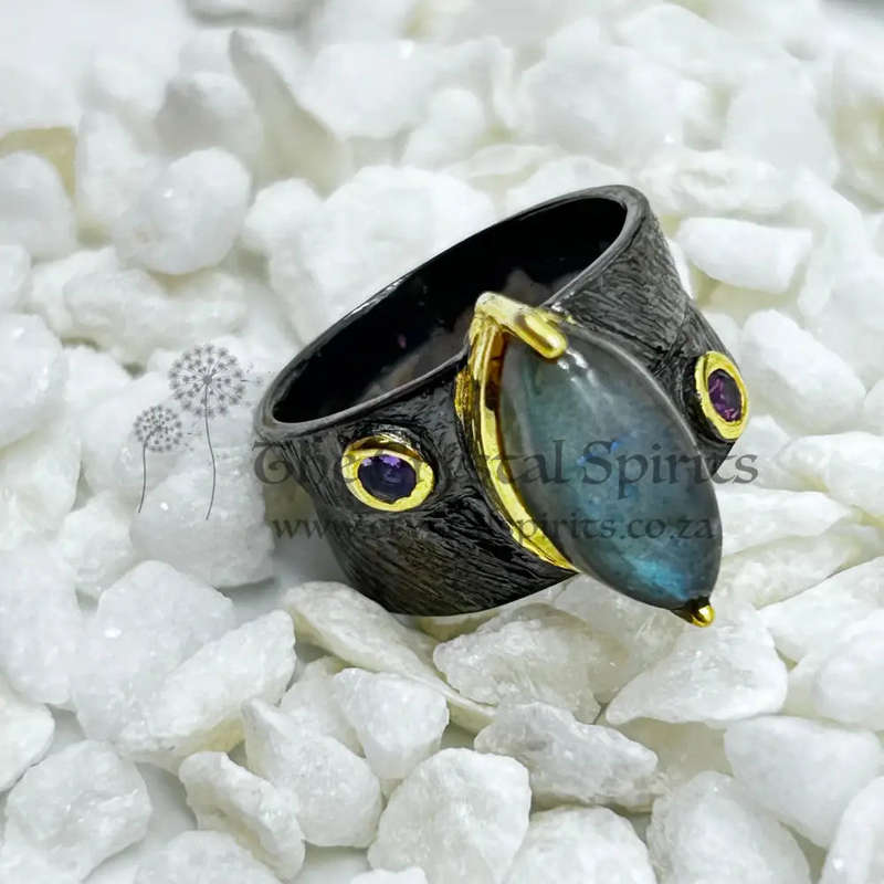 Labradorite Rhodium Plated Sterling Silver Ring With Amethyst And Ruby