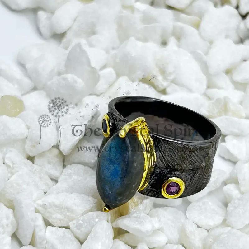 Labradorite Rhodium Plated Sterling Silver Ring With Amethyst And Ruby