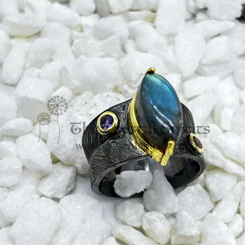 Labradorite Rhodium Plated Sterling Silver Ring With Amethyst And Ruby