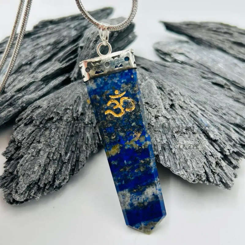 Lapis Lazuli Tabby Shaped Crystal with Etched Gold OM Symbol