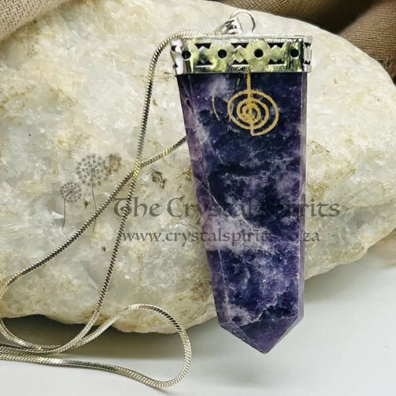 Lepidolite Tabby White Metal Pendant With Reiki Symbol