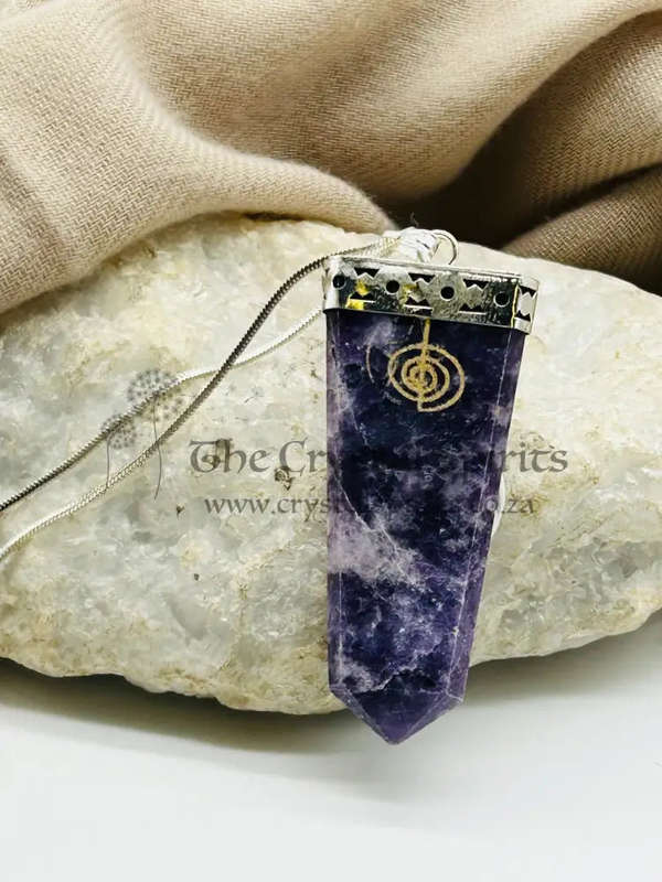 Lepidolite Tabby White Metal Pendant With Reiki Symbol