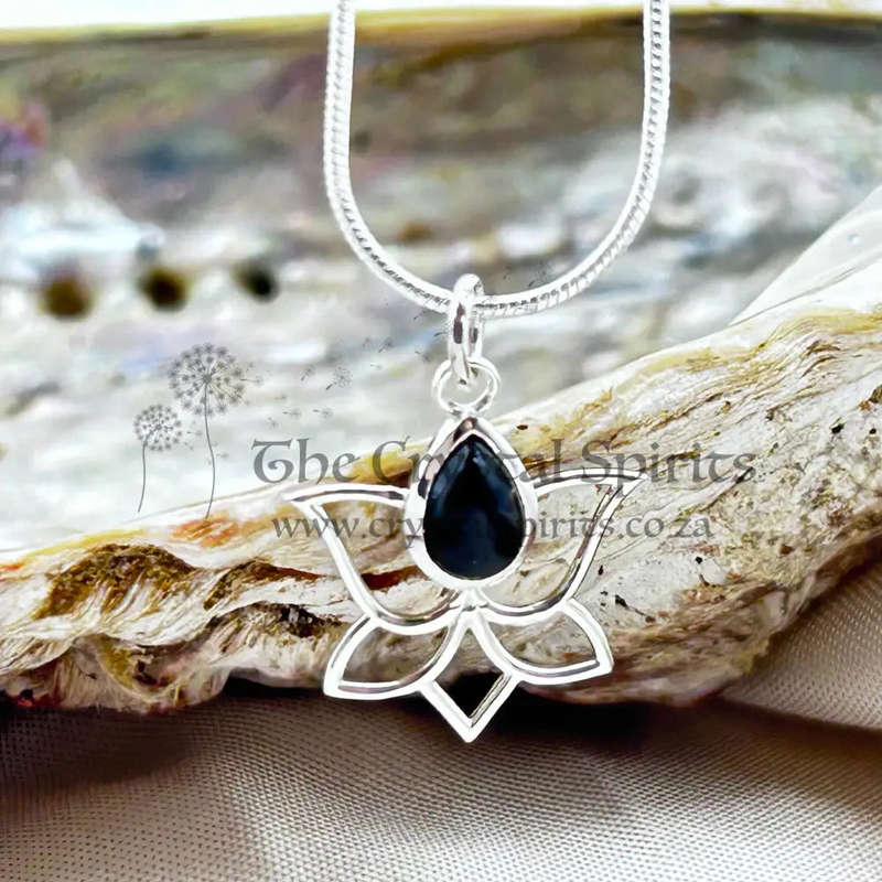Lotus With Black Onyx Drop Sterling Silver Crystal Pendant