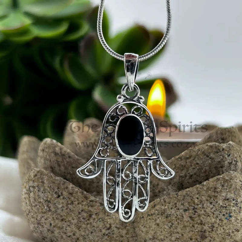 Medium Hand Of Hamsa With Black Obsidian Sterling Silver Pendant