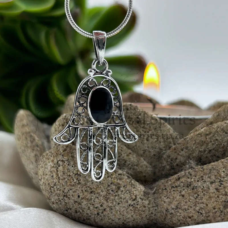 Medium Hand Of Hamsa With Black Obsidian Sterling Silver Pendant