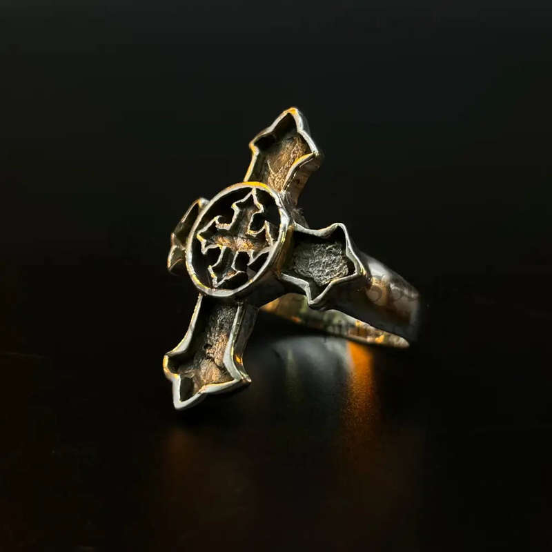 Mens Double Cross Sterling Silver Ring
