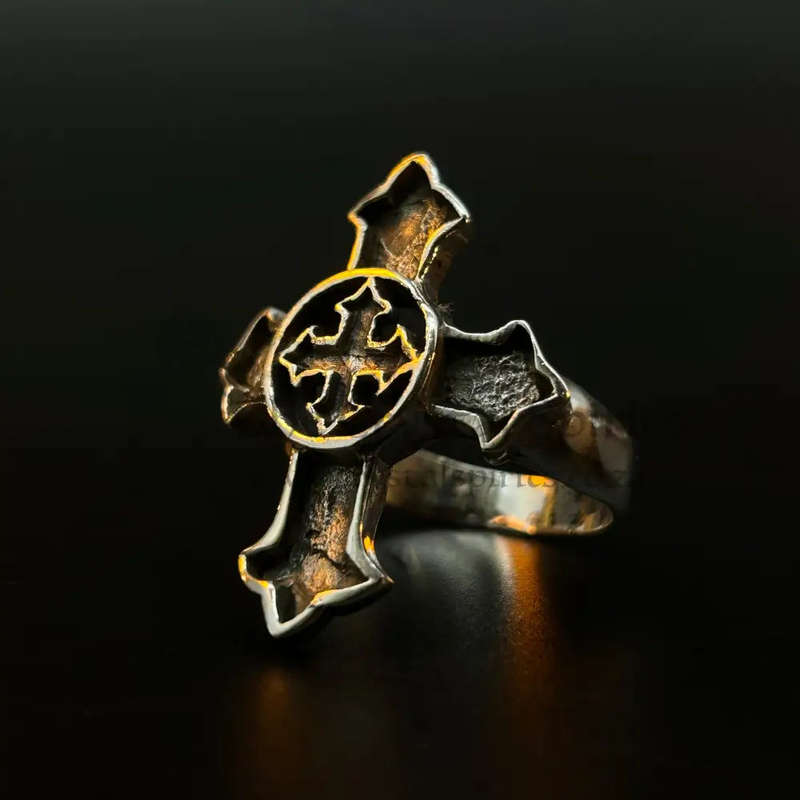 Mens Double Cross Sterling Silver Ring
