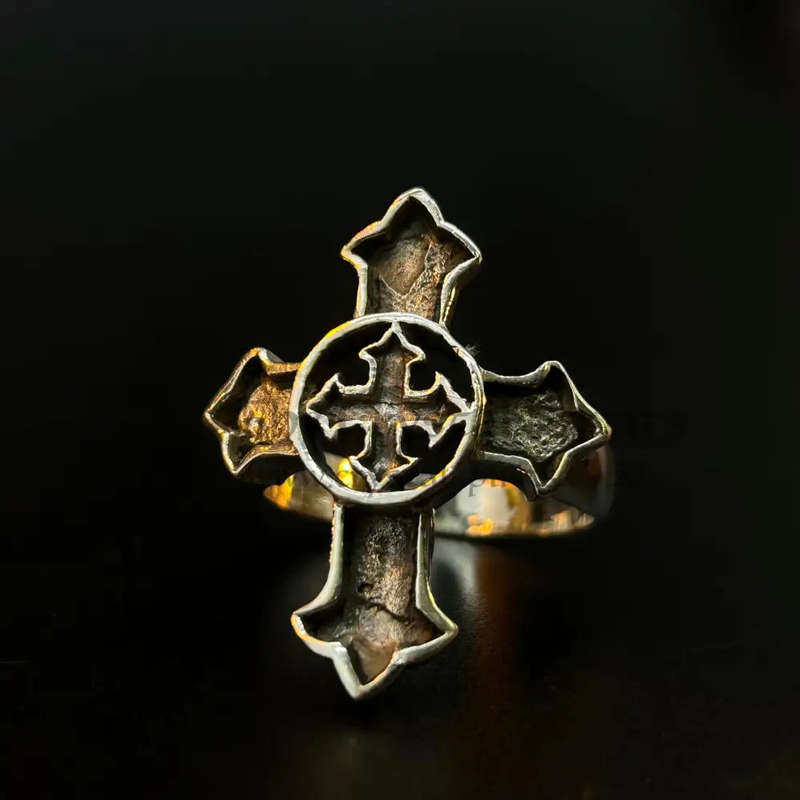 Mens Double Cross Sterling Silver Ring