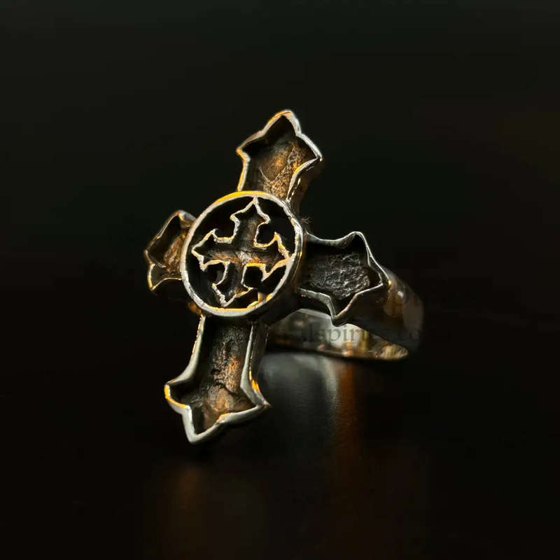 Mens Double Cross Sterling Silver Ring