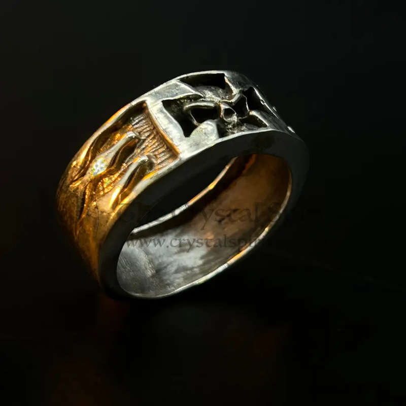 Mens Iron Cross Skull Flame Sterling Silver Ring