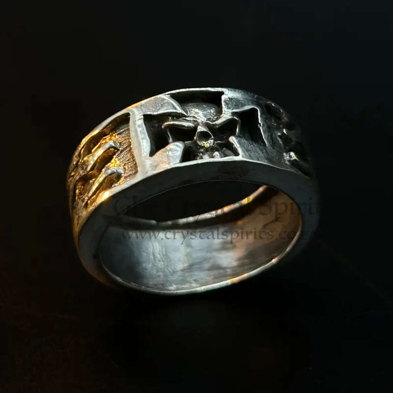 Mens Iron Cross Skull Flame Sterling Silver Ring