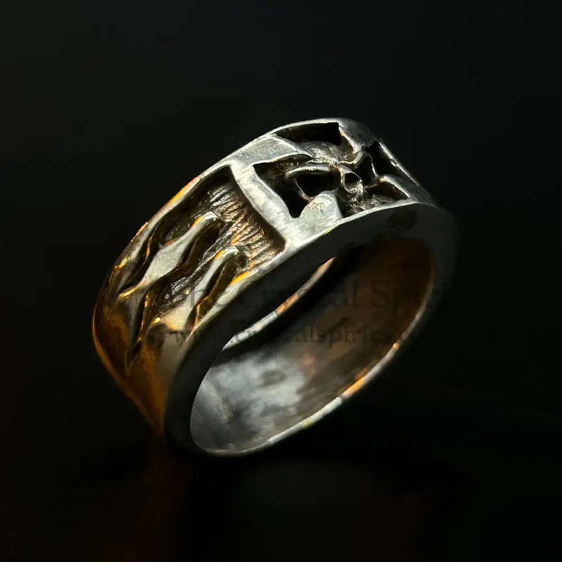 Mens Iron Cross Skull Flame Sterling Silver Ring