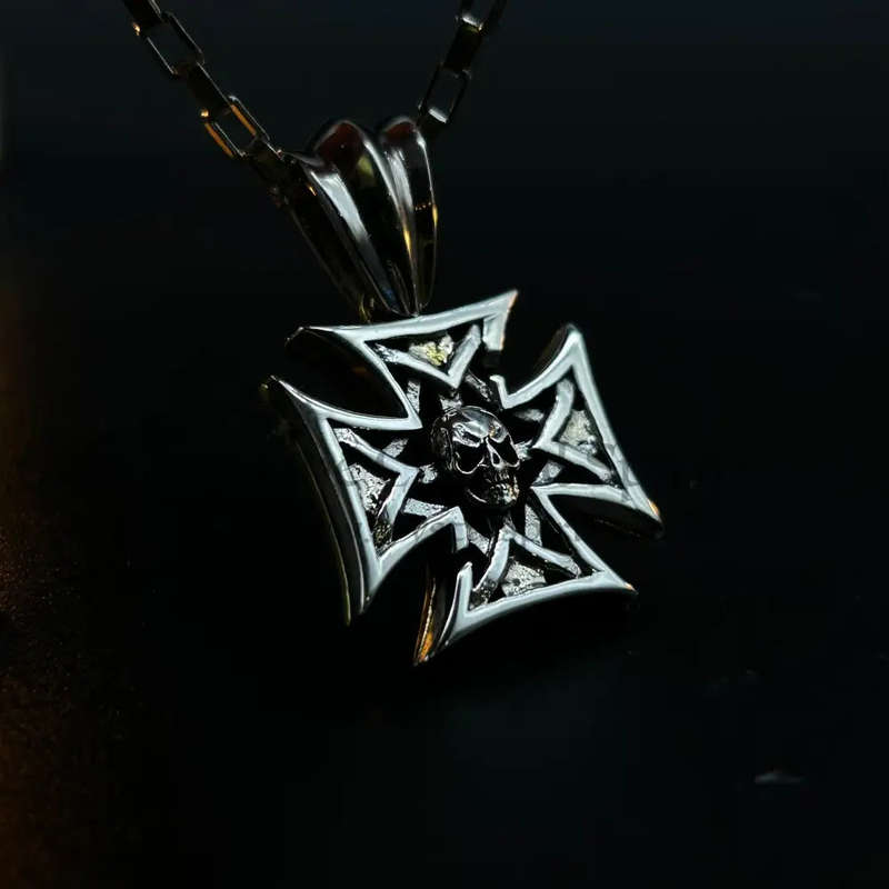 Mens Skull Iron Cross Sterling Silver Pendant