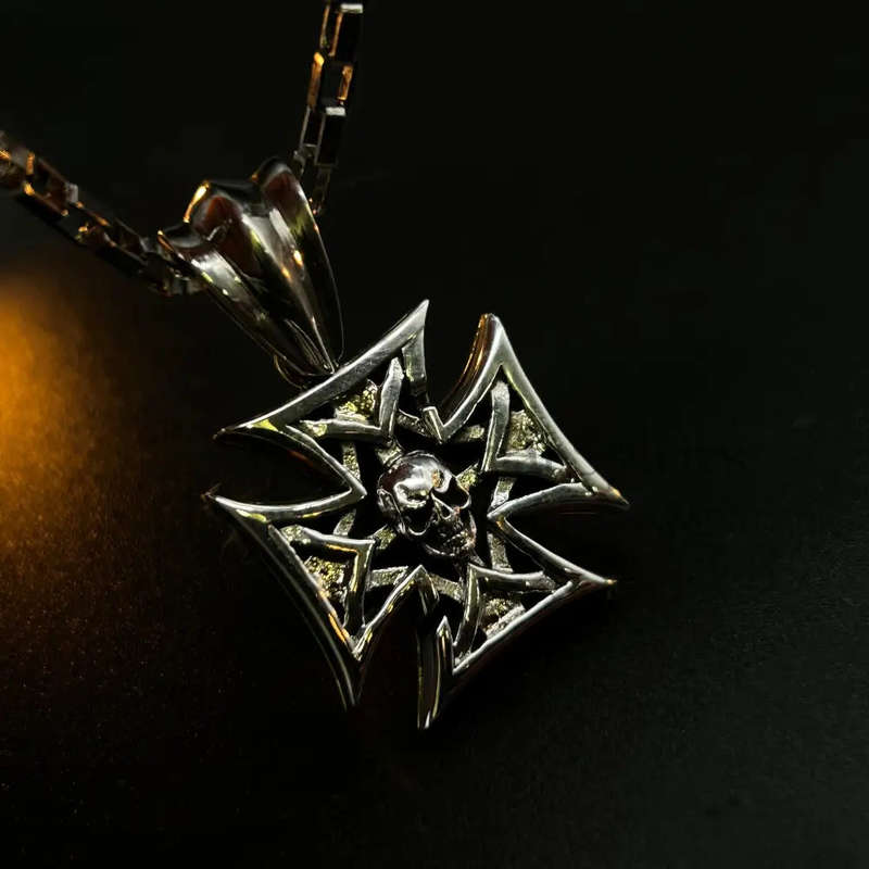Mens Skull Iron Cross Sterling Silver Pendant