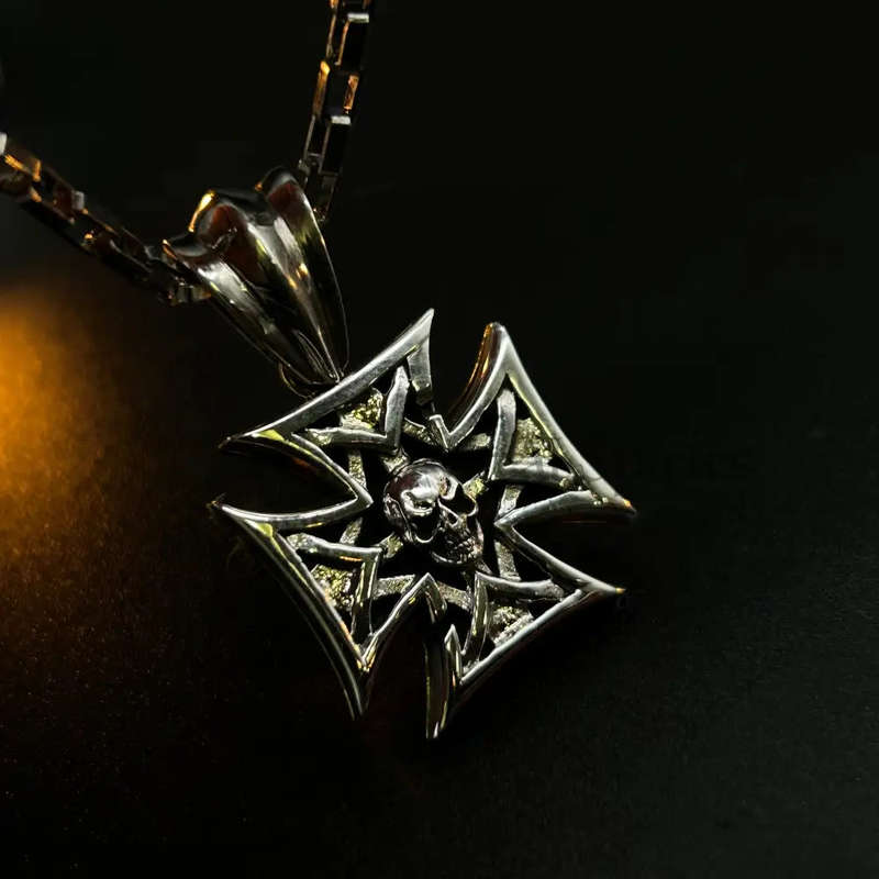Mens Skull Iron Cross Sterling Silver Pendant