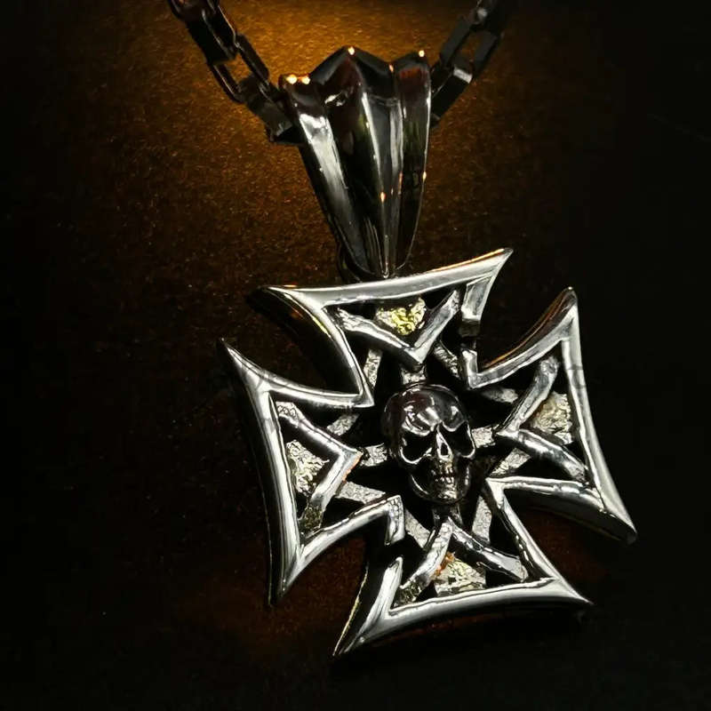 Mens Skull Iron Cross Sterling Silver Pendant