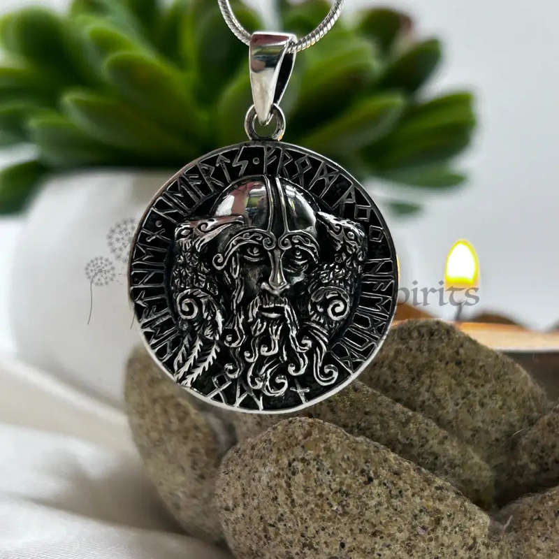 Mens Sterling Silver Pendant - Runes & A Viking Warlord