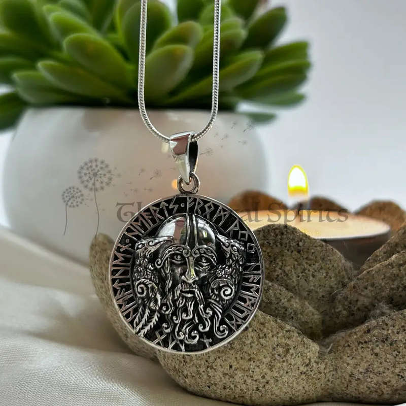 Mens Sterling Silver Pendant - Runes & A Viking Warlord