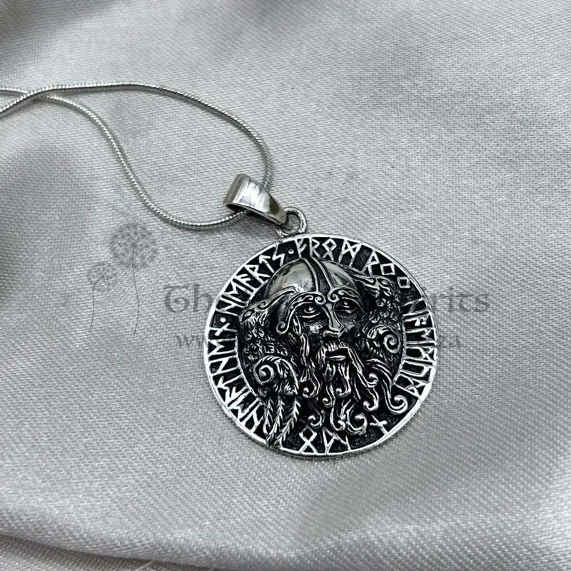 Mens Sterling Silver Pendant - Runes & A Viking Warlord
