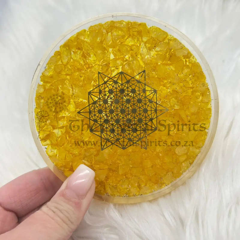 Metatron Geometric Cube Citrine Orgonite Charging Disc