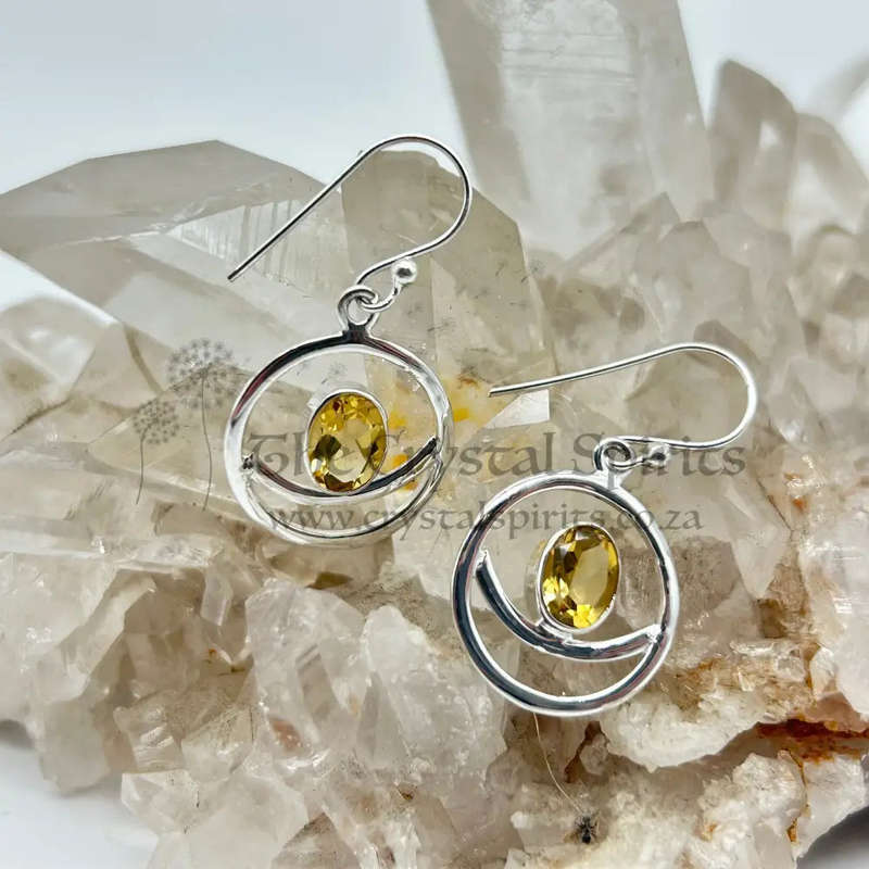 Modern Crescent Moon Citrine Crystal Sterling Silver Earrings