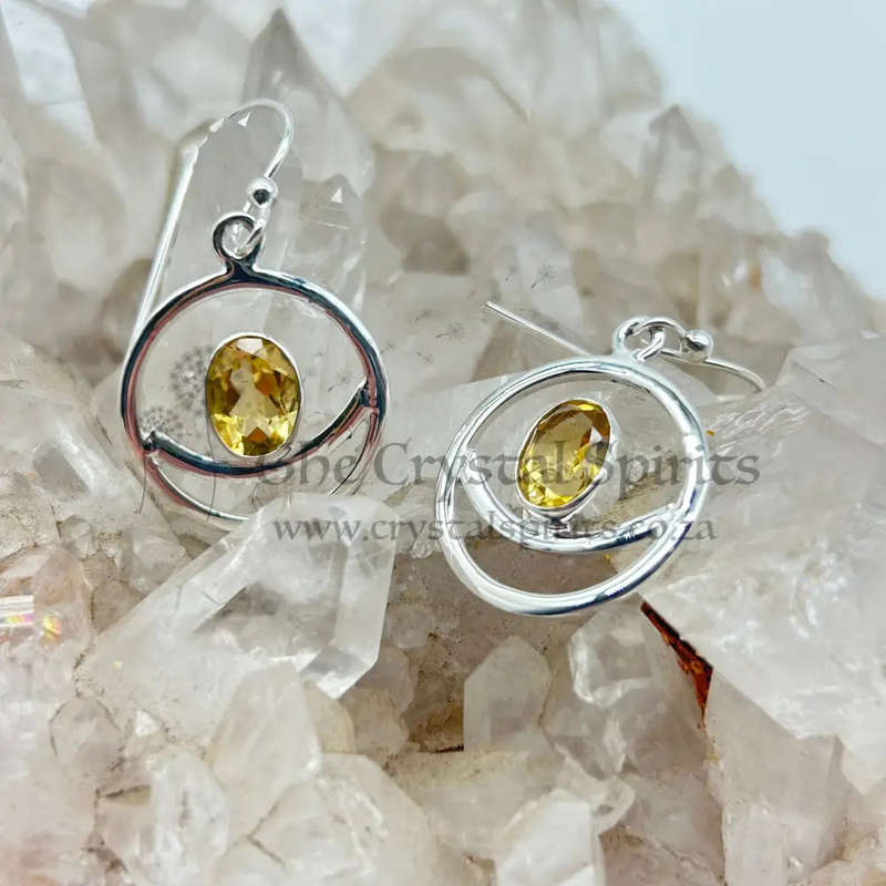 Modern Crescent Moon Citrine Crystal Sterling Silver Earrings