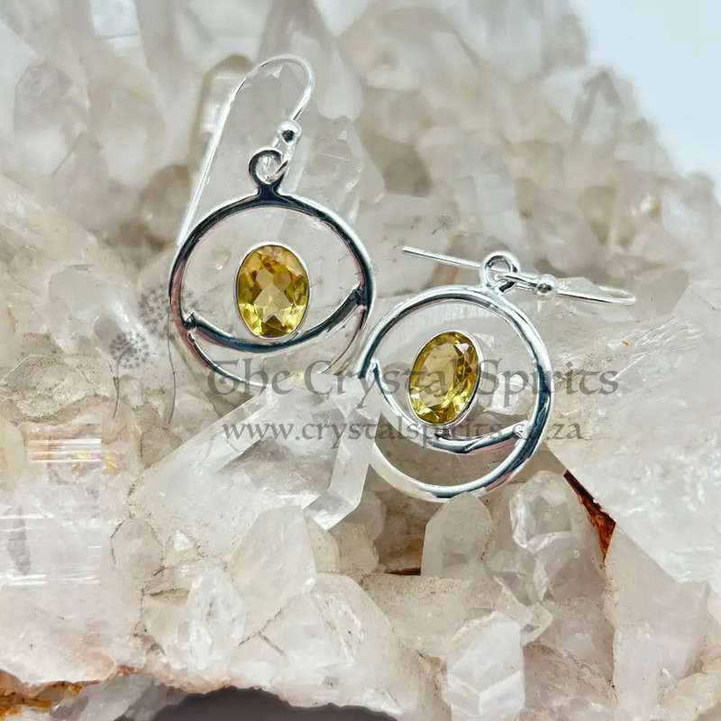 Modern Crescent Moon Citrine Crystal Sterling Silver Earrings