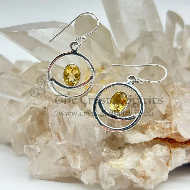Modern Crescent Moon Citrine Crystal Sterling Silver Earrings